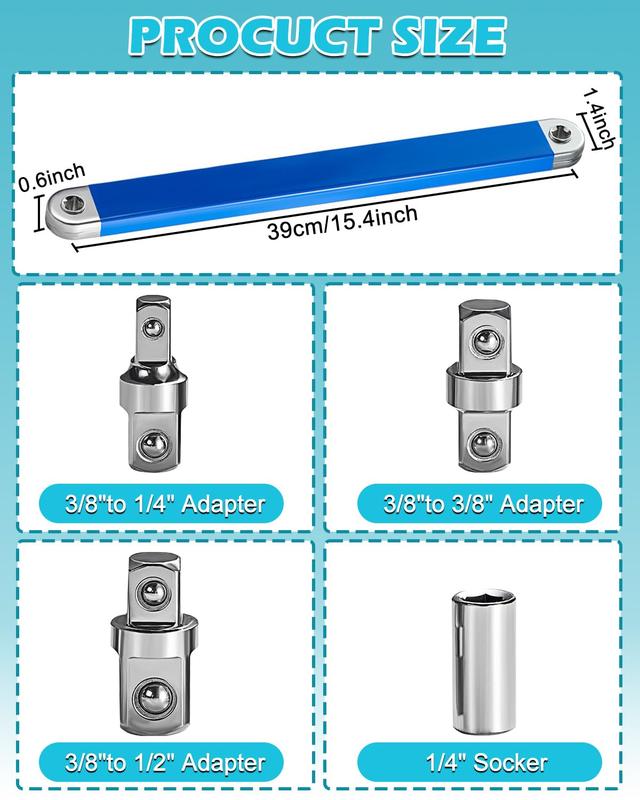 2026 Upgraded Tight Reach Ratchet Wrench, 15Inch Offset Extension Wrench Set with 1/4", 3/8", 1/2" Square Drive Adapters, Heavy Duty Steel Extension Wrench