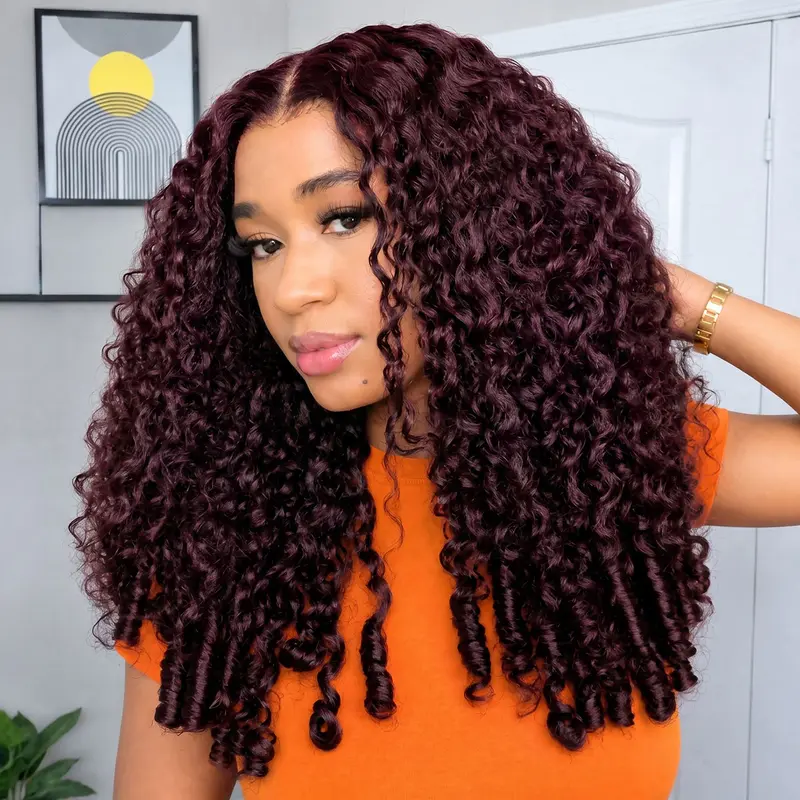OQ HAIR Glueless Blackcurrant Brunette Burmese Curly Wig with Drawstring Pre-cut 13x6 Lace Frontal Human Hair Wigs Beginners Friendly Wig #tiktokshopstockup #SohoChic