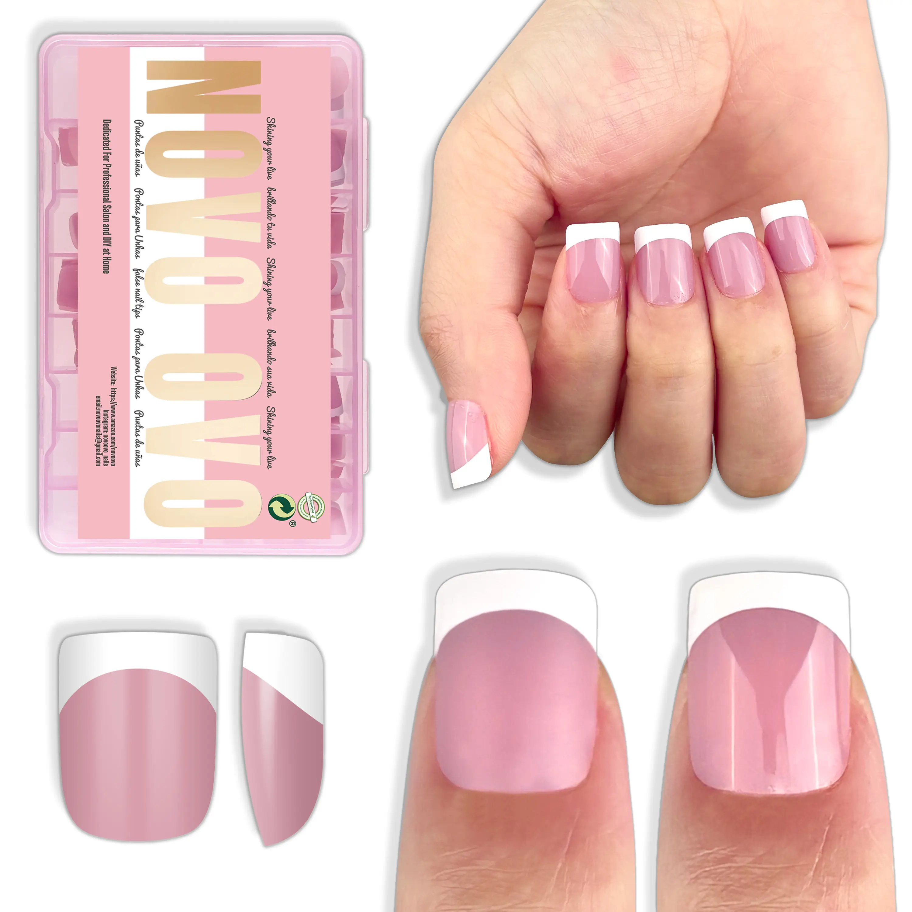 NOVO OVO Extra Short White French Tip Nail Tips, XS XXS Square Round BERRY PINK, for Wide & Short Nail Beds, Thick Full Cover Press on for Women Men, Soft Gel Acrylic Extension kit, 16 Sizes x 224pcs【NO GLUE & TOP COAT INCLUDED】, Diy Nail Kit, Press On Na