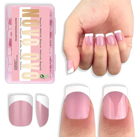 NOVO OVO Extra Short White French Tip Nail Tips, XS XXS Square Round BERRY PINK, for Wide & Short Nail Beds, Thick Full Cover Press on for Women Men, Soft Gel Acrylic Extension kit, 16 Sizes x 224pcs【NO GLUE & TOP COAT INCLUDED】, Diy Nail Kit, Press On Na