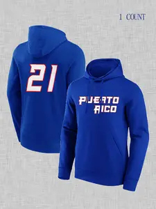 Puerto Rico Blue Hoodie, Casual Fashion Letter Embroidery, Plaid Loose-Fitting Sweatshirt, Unisex Fall Winter Wear, Clothes, Tops