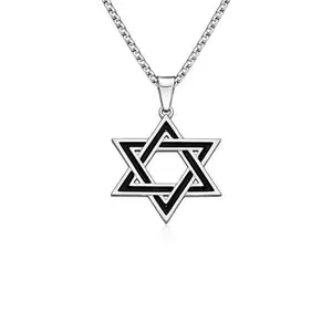 My Daily Styles Men's Stainless Steel Star of David Pendant Necklace - Black Enamel Inlay Magen David, 24in Chain, Gold or Silver Tone Judaica Costume Jewelry for Men's Accessories