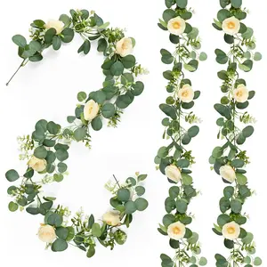 2 Pake 12FT Artificial Eucalyptus Flower Garland with 6 Champagne Roses, Fake Flower Vines Centerpieces for Tables, Spring Greenery Floral Garland for Mantle Wedding Backdrop Home Table Runner Decor