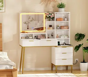 Garvee Makeup Dressing Table with Mirror and LED Light, Makeup Vanity Desk with Drawers and Storage Shelf, Modern Fluted Vanity Table for  Bedroom