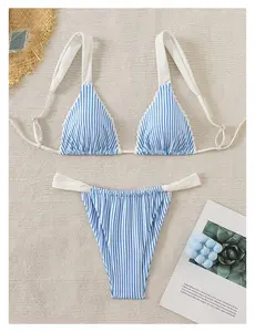 Blue Striped Bikini Set for Women - 2 Piece Swimsuit Adjustable Straps Ruffled Bathing Suit Flattering High Waist Bikini Cute Beachwear Summer