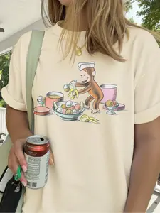 Women's Monkey & Banana Print Round Neck Graphic Tee, Vintage Trendy Casual Short Sleeve T-shirt for Daily Wear, Ladies Summer Outfit, Top, Casual Fashionable Top
