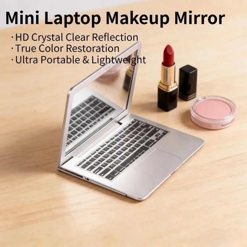 Mini Laptop Shaped Compact Mirror, Portable Folding Pocket Makeup Mirror with HD Clear Glass, Slim Lightweight, Durable Metal Frame, Perfect for Purse, Travel Hand Mirror, On-the-Go Touch-Ups, Daily Makeup, Gift for Women, Foldable Mirror, Silver