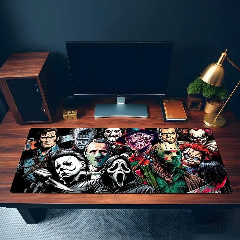 Classic Horror Villains Desk Mat, Halloween Movie Killer Character Mouse Pad, Extended Gaming Desk Pad
