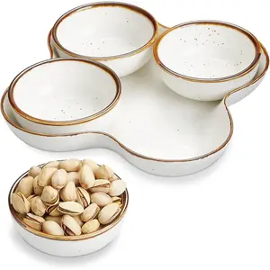 Chip and Dip Serving Set, 8.5 inch Speckled Ceramic Divided Serving Platter Small Appetizer Tray with 4 Removable Dishes for Nuts, Candy, Snacks, Veggies, Rustic Serving Bowls for Entertaining