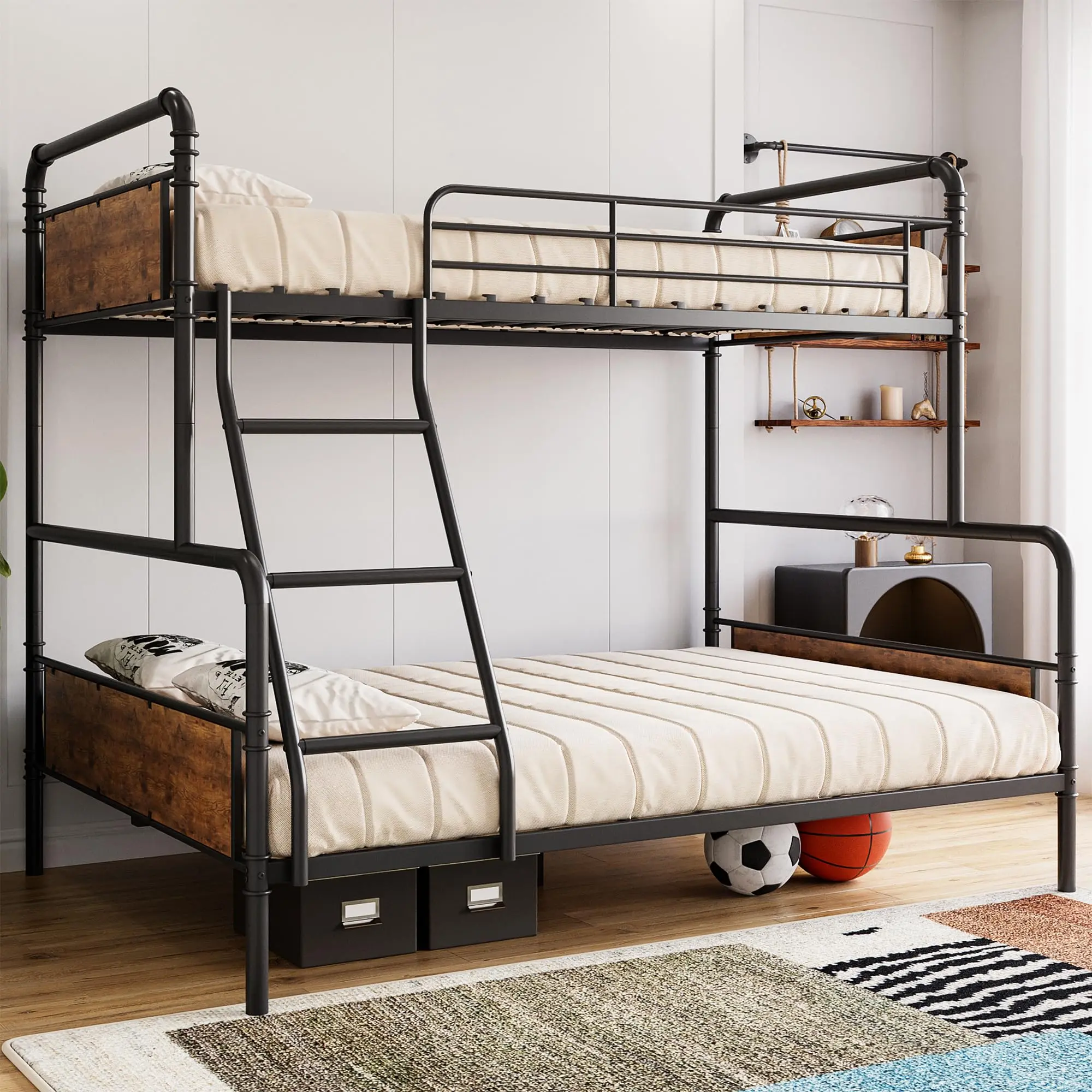 GARVEE Metal Bunk Bed Twin Over Full, with Safety Guard Rails & Ladder, Space-Saving Design for School/Bedroom, No Box Spring Needed, Vintage Brown