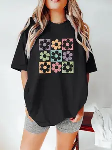 Vintage Floral Patchwork Print T-Shirt, Soft Cotton Loose Fit Top, 70s Style Colorful Flower Pattern Short Sleeve, Casual Home Wear Aesthetic