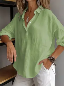 Elegant Classic Cotton Linen Button Front 3/4 Sleeve Shirt, Fashionable Daily Wear and Office, Plus Size Women's Blouse