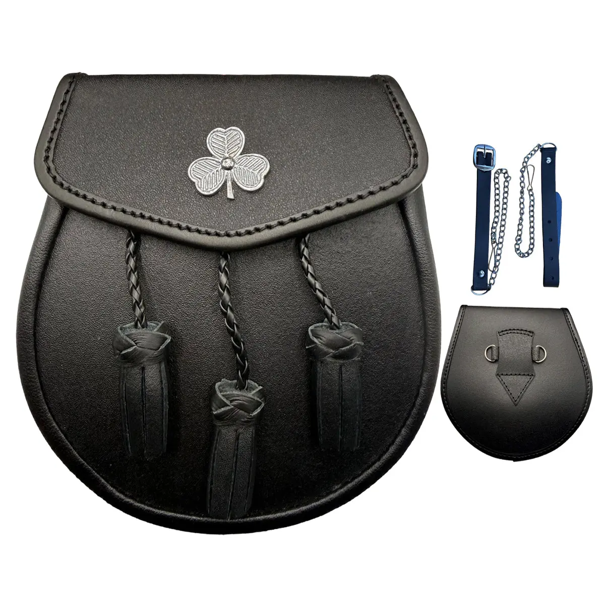 Men's Black Leather Sporran - Traditional Kilt Fashion Accessory with Shamrock Badge, 3-Tassel Design, Brand New, Free Sporran Chain, Great Value for Money, Customer Satisfaction Guarantee, Accessories, Male, Genuine Leather