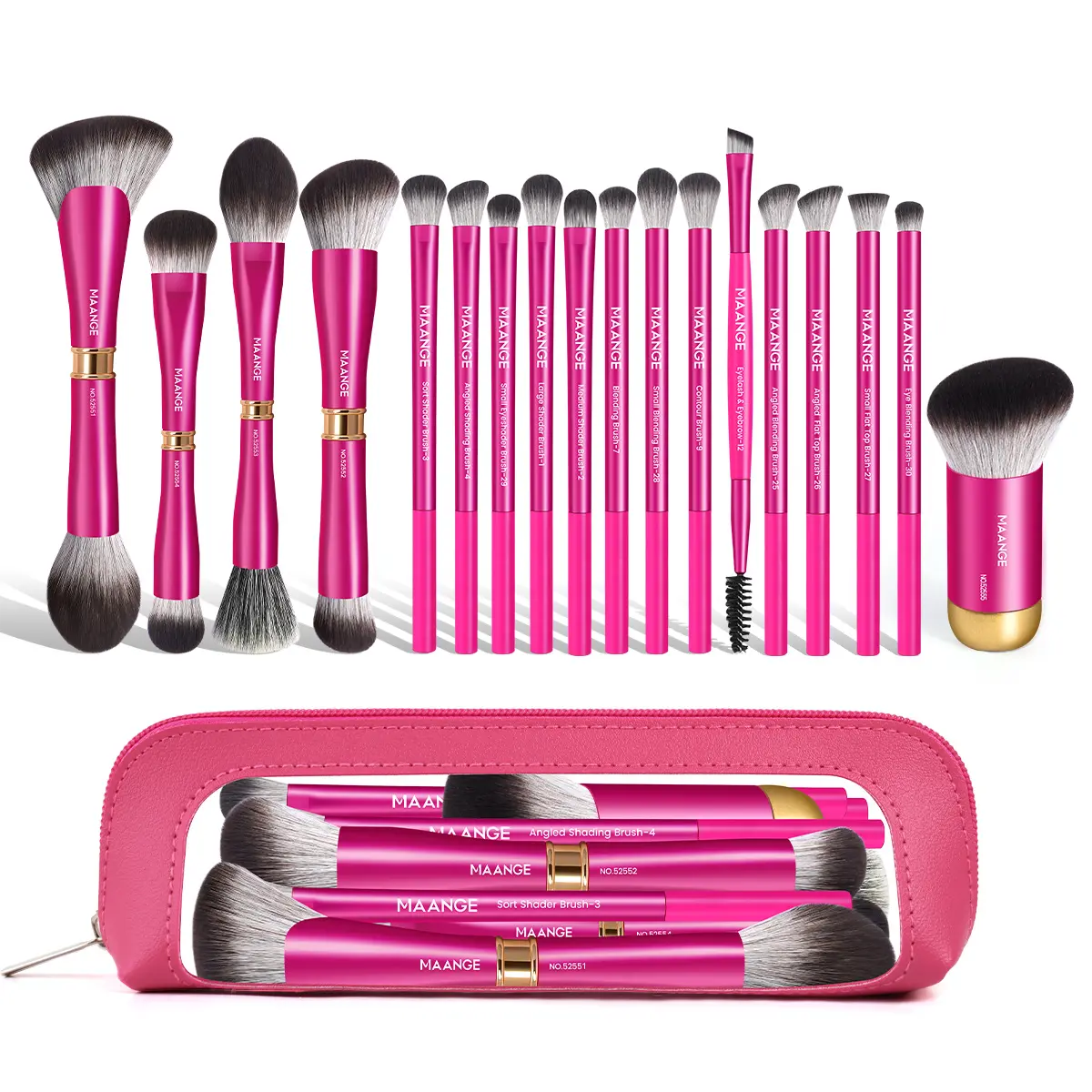 MAANGE 18-Piece Makeup Brush Set with Pink Storage Bag, Double-Sided Cosmetic Brushes for Foundation, Contour & Blending, Beauty Travel Kit for Beginners, 18Pcs Brushes +Storage Bag-Pink