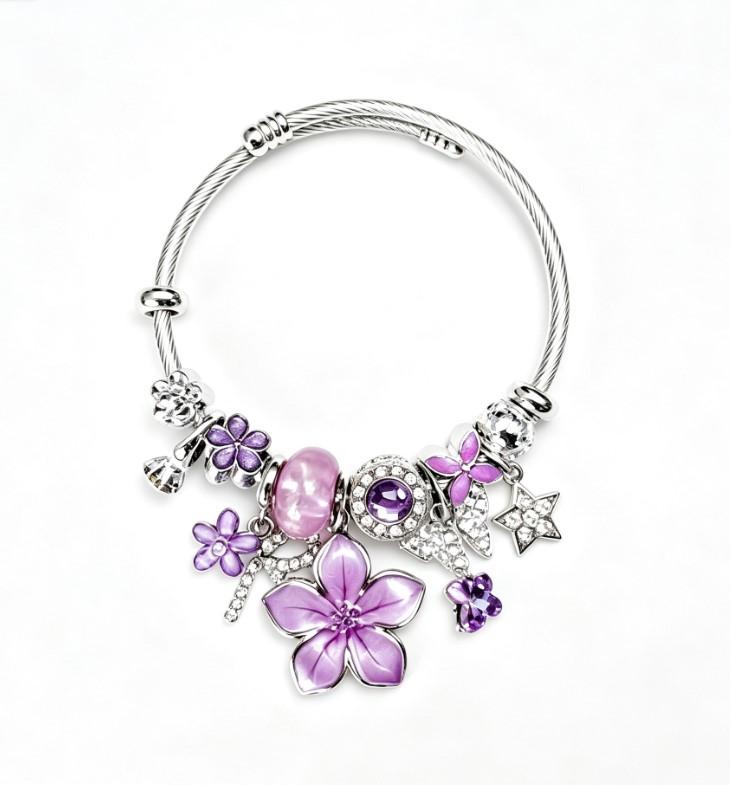 Tone Silver Twisted Open Bangle Pink Blue Black Purple Sakura Flower Crystal Rhinestone Charm Bracelet Women Sweet Girly Jewelry Gift Tone Silver Twisted Open Bangle Pink Blue Black Purple Sakura Flower Crystal Rhinestone Charm Bracelet Women Sweet Girly Jewelry Gift
