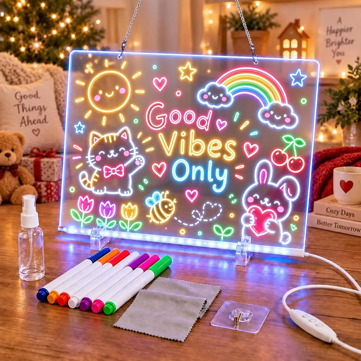 LED Drawing Board for Kids，with Light Effects, Multiple Color Markers, Adjustable Stand,&Drawing Book. Erasable, Reusable Light-Up Doodle & Message Board, Creative Gift for Birthdays, Christmas & Halloween