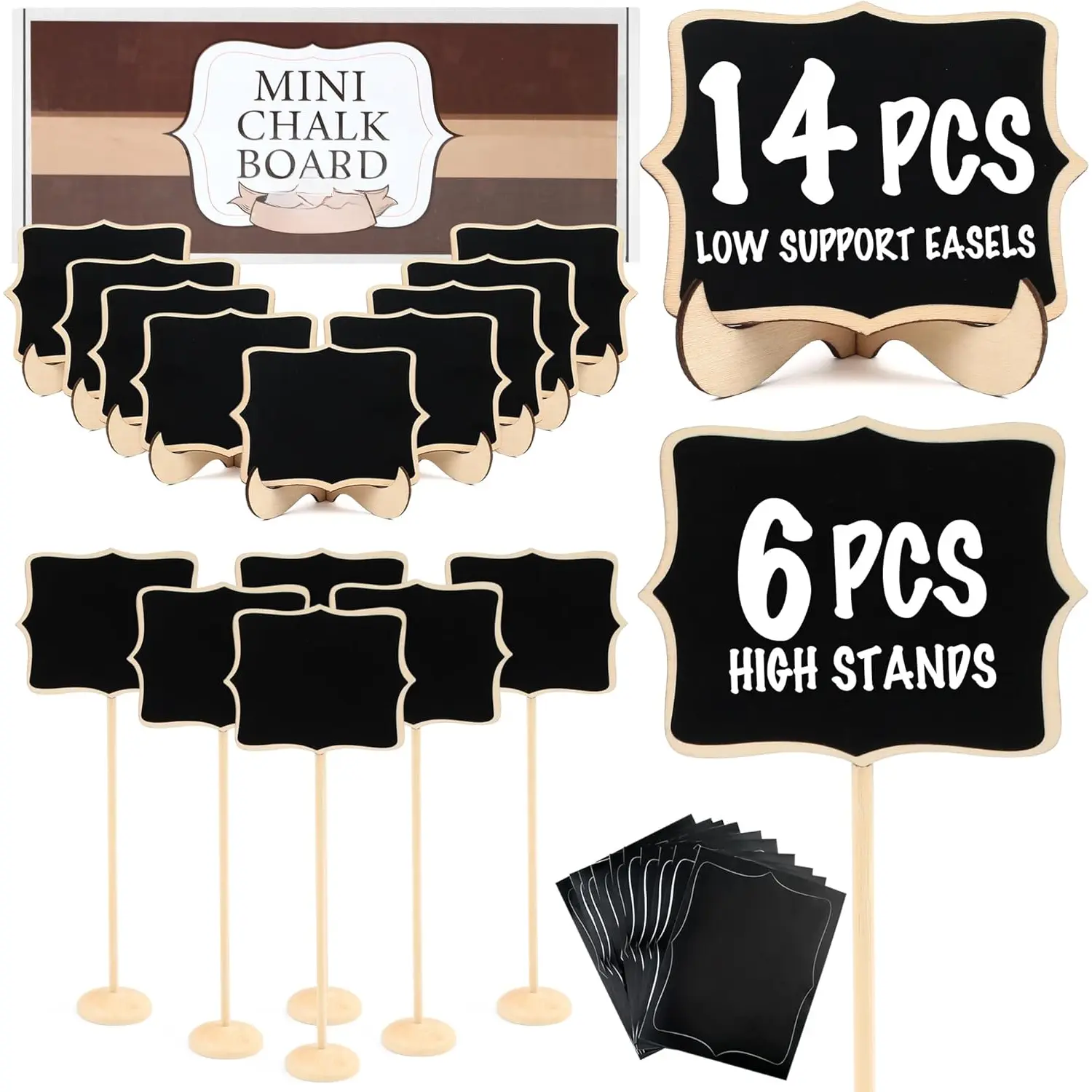 20 Pack Mini Chalkboard Signs with Support Easels and 10 Extra Stickers,  Labels for Party Buffet Table, Weddings, Table Numbers, Message Board and Event Decorations