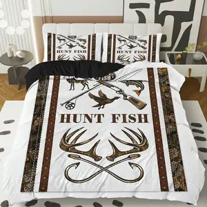 3PCS Duvet Cover Set, 1 Duvet+2 Pillowcases(Without filler), Hunting Fishing Outdoor Wildlife Nature Animals theme, Thanksgiving bedding set, Decorative Duvet Cover, Rustic Cabin Lodge Suitable for decoration Bedroom Living Room Guestroom Lodge