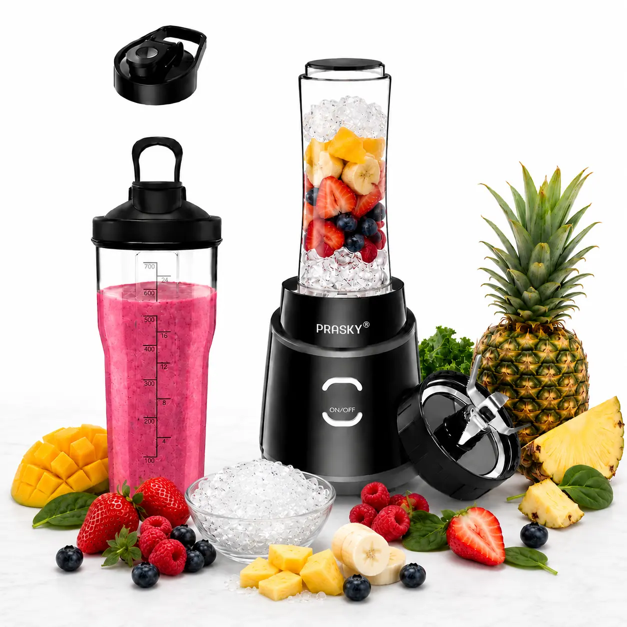 PRASKY Blender for Smoothies, 900W Personal Blender with Portable Cups, Single Serve Smoothie Maker for Smoothies, Protein Shakes, Fresh Fruit Juices, Frozen Drinks & Crushed Ice, BPA-Free, for Home, Office & Gym, Countertop Blender Kitchen Use