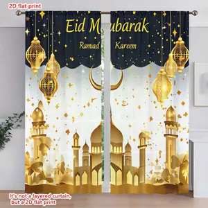 2D Flat 2Pcs Eid Mubarak golden lanterns and mosque print curtains, pole hung semi blackout, transparent window drapes, Ramadan Kareem home decor, bedroom, living room, decorative curtains.