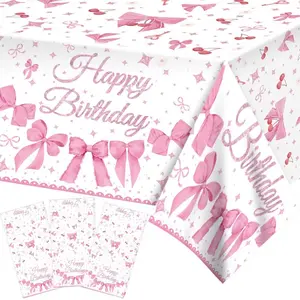 2PCS Pink Bow Party Tablecloth Set - Sweet Romantic Aesthetic for BFF Birthday Banquet/Picnic Table Cover, Disposable Wash-Free Easy Clean Decor to Create Festive Atmosphere Party Decoration Supplies