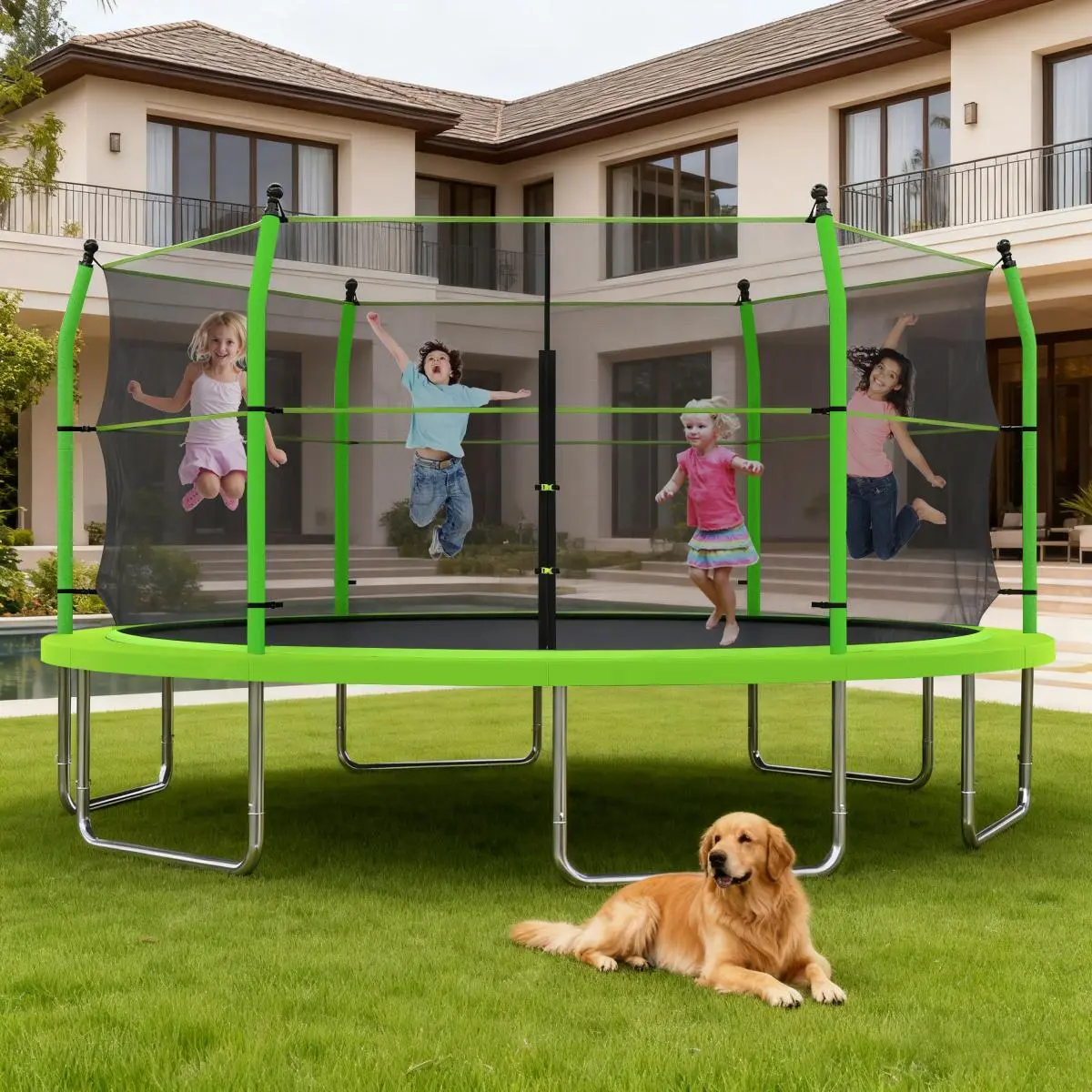 16ft Trampoline with Ladder and Enclosure Net for Kids and Adults, Heavy-duty 16' Outdoor Trampoline for Backyard seamless safety design garden workout