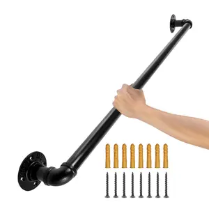 VEVOR Pipe Stair Handrail, TikTokShopBlackFriday, 3FT Staircase Handrail, 440LBS Load Capacity Carbon Steel Pipe Handrail, Industrial Pipe Handrail with Wall Mount Support, Round Corner Wall Handrailings for Indoor, Outdoor