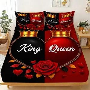 3pcs Heart Crown Bedding Set, Soft Comfortable Sheet Set, Includes 1 Fitted Sheet and 2 Pillowcases, All-Season Use