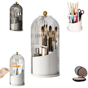 Multi-purpose Makeup Brush Holder Organizer with Lid 360 Rotating Clear Dustproof Makeup Brushes Organizer Boxes for Vanity Desktop Bathroom Countertop vanity makeup brush holder valentines gifts for girlfriend