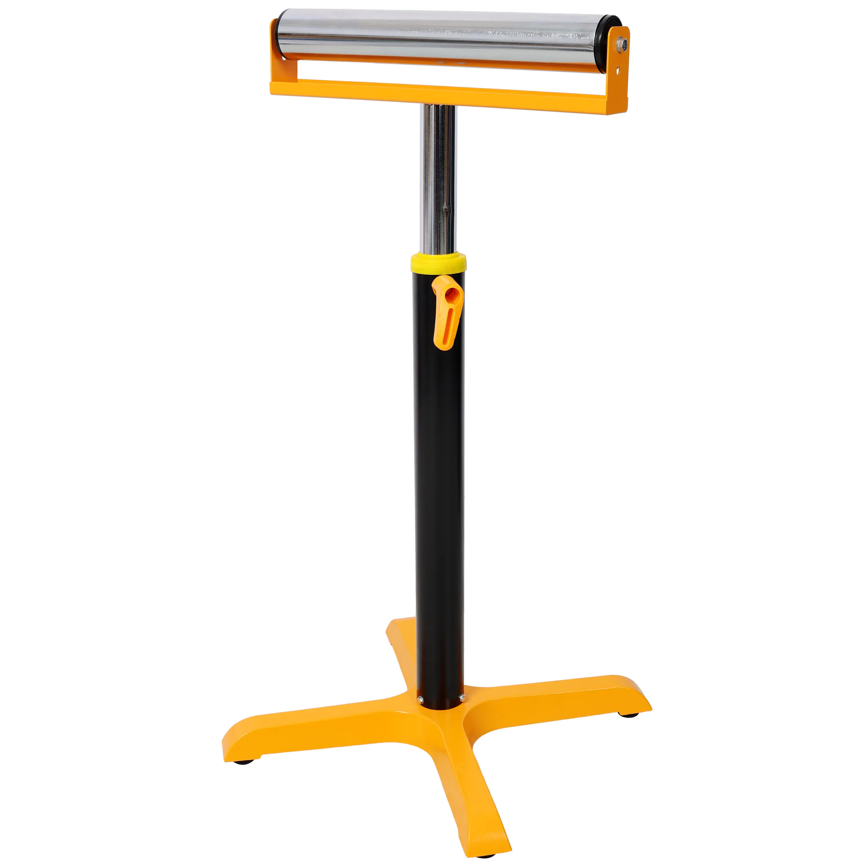 Heavy-Duty Adjustable Single Roller Stand, Power Tool Accessory Material Support Stand with Adjustment Screws, Chrome-Plated Components, 4-ft Base, Oversized Panel Support, Yellow & Black Color, 4-Foot Base
