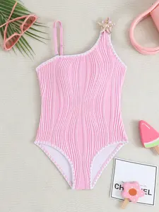 New Solid Color Special Fabric Tank One-Piece Swimsuit, European Style Big Girls, Starfish Decoration Thin Straps, Beach Party Swimwear