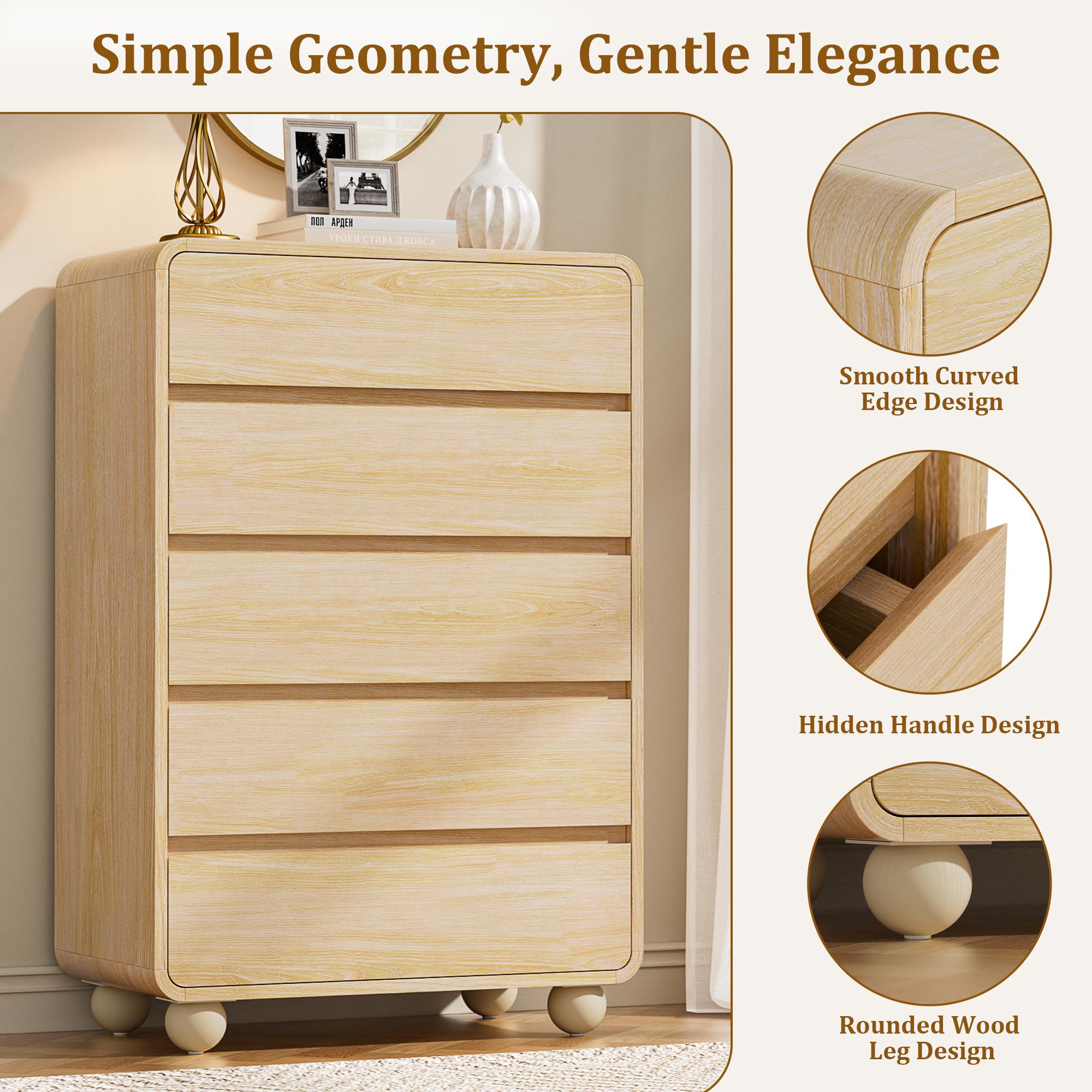 Aowos Modern 5 Drawers Dresser for Bedroom, 41" Tall Wood Fluted Dressers & Chests of Drawers with Curved Profile Design for Bedroom, Living Room, Wood, Natural, Black, White Aowos Modern 5 Drawers Dresser for Bedroom, 41" Tall Wood Fluted Dressers & Chests of Drawers with Curved Profile Design for Bedroom, Living Room, Wood, Natural, Black, White