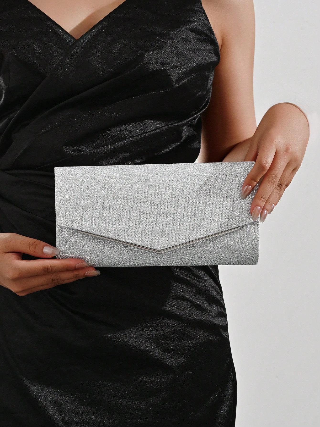 Women's Glitter Envelope Clutch Purse, Sparkly Evening Handbag in Silver & Black, Formal Purse for Wedding, Prom, Cocktail Party and Special Occasions