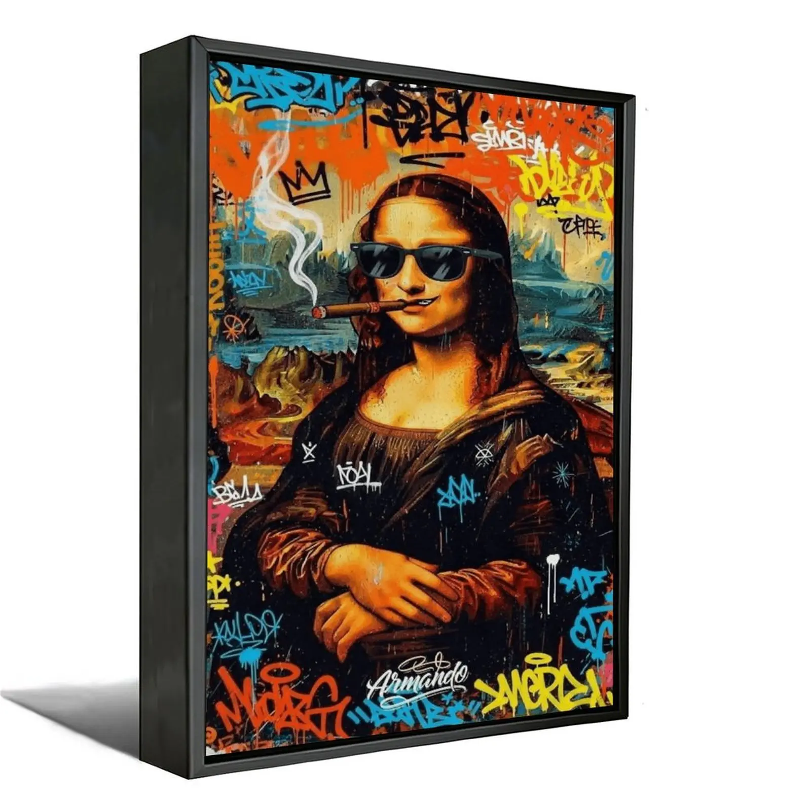 Graffiti Style Mona Lisa Wall Print - Hybrid Decorative Frameless Poster Blending Classic Fine Art & Contemporary Art, Vintage Da Vinci Oil Painting Background for Home Room Decor