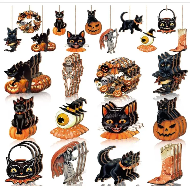 36 Pcs Halloween Ornaments with Ropes Halloween Wood Decor for Tree Pumpkin Skull Cat Wooden Halloween Decorations Hanging Ornaments Pendants for Home Halloween Party, 12 Styles Hand Light