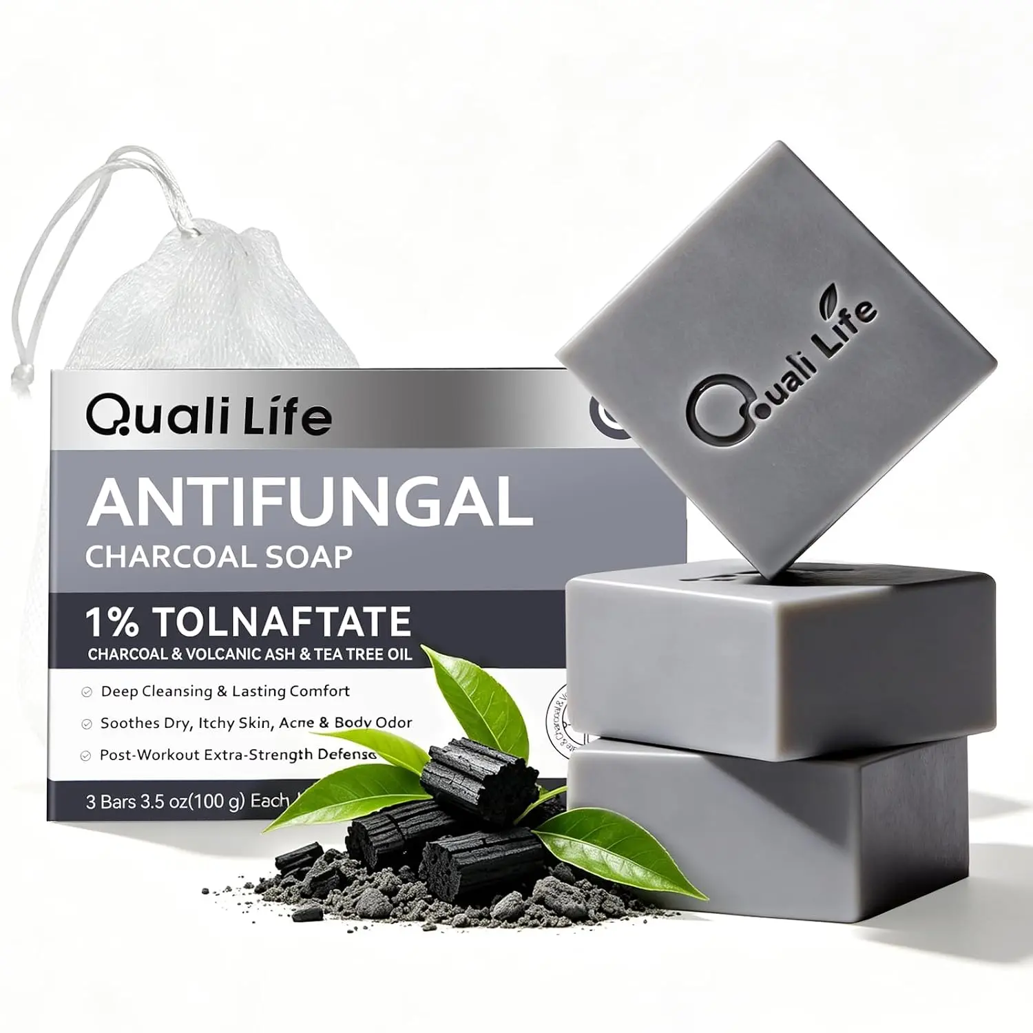 Medicated Antifungal Black Soap with 1% Tolnaftate, Charcoal, Volcanic Ash & Tea Tree Oil - 3 Packs for Athlete’s Ft, Jock Itch, Ringworm