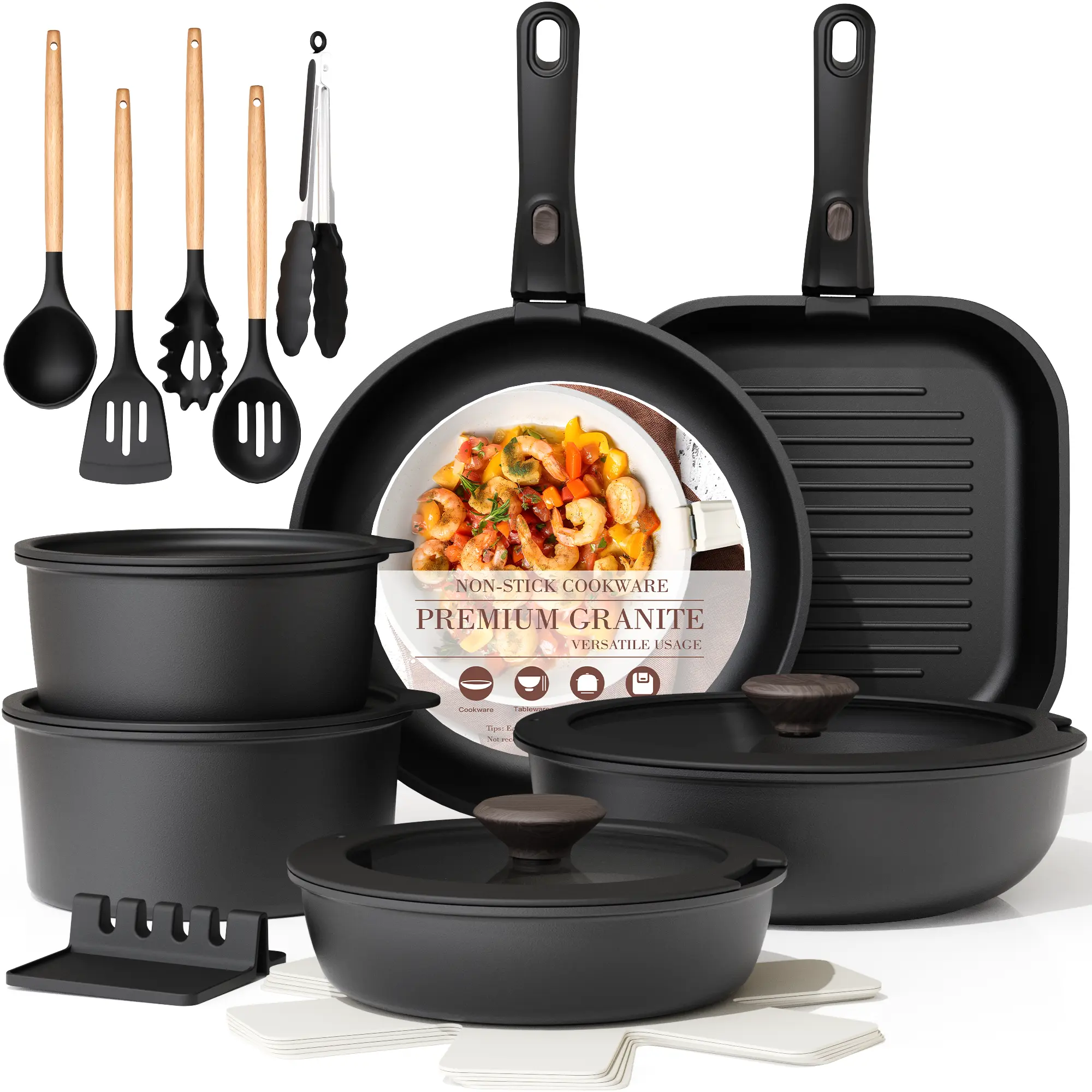 Astercook 23-Piece Nonstick Ceramic Cookware Set with Detachable Handles, Oven-Safe, Induction-Ready, Stackable Cream Pots and Pans Set for RV Kitchen, Father's Day Gift for Men Oil Space Saving