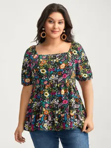 【Summer Turn-Up】【Neck-Lengthening】BlOOMCHIC Plus Size Floral Square Neck Fitted Blouse Short Sleeve Light Weight medium length Lantern Boho Top [1x-6x] 2026 Summer Pick for Mother's Day