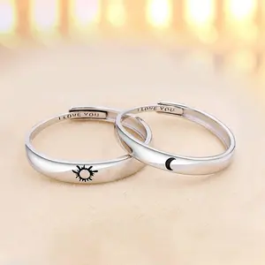 SATUCOL 2PC 18k Gold Plated Sterling Brass Adjustable Ring with Sun and Moon Design, Engraved with "I Love You" - A beautiful gift for couples, best friends, and spouses engagement rings