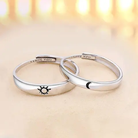 SATUCOL 2PC 18k Gold Plated Sterling Brass Adjustable Ring with Sun and Moon Design, Engraved with "I Love You" - A beautiful gift for couples, best friends, and spouses engagement rings