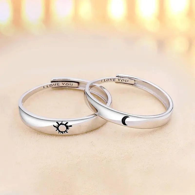 SATUCOL 2PC 18k Gold Plated Sterling Brass Adjustable Ring with Sun and Moon Design, Engraved with "I Love You" - A beautiful gift for couples, best friends, and spouses engagement rings