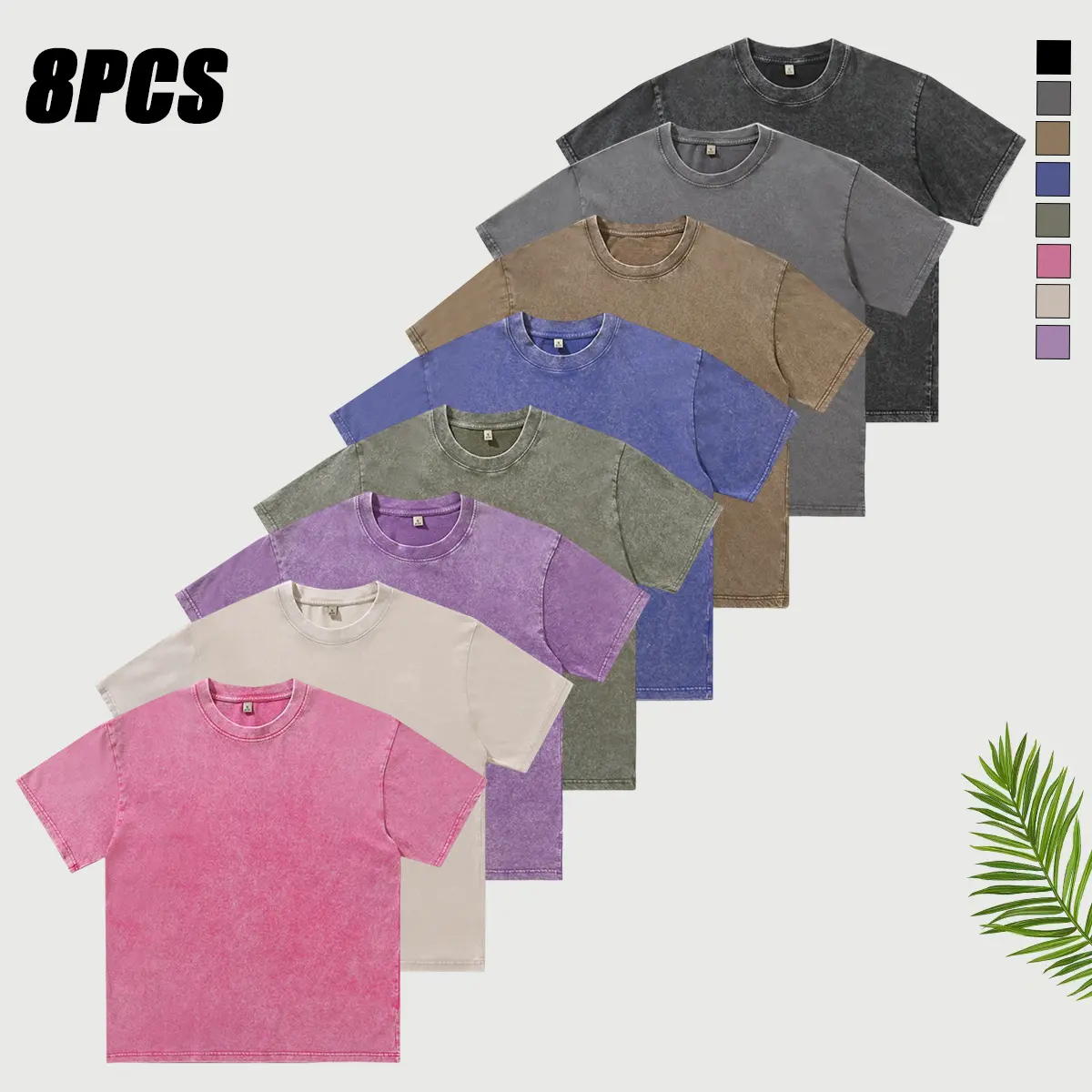 8-Pack Men's 90s Vintage Wash T-Shirts, Solid Color 100% Cotton Crew Neck Tees, Breathable Short-Sleeve Loose Fit for Casual Summer Wear, 90S Vintage Wash Men's Short-Sleeve T-Shirts, Tops, Baggy, Plain