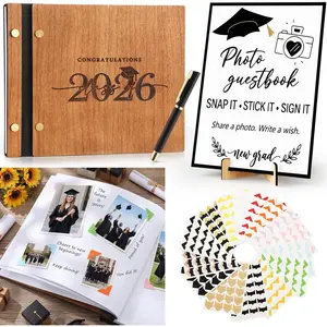 Thenshop 2026 Graduation Guest Book Set, Wooden Photo Album Scrapbook 126 Pages, Guest Book Sign, Pen, 360 DIY Photo Corners for Class of 2026 Grad Party Decorations Favors Gifts (Natural Wood)
