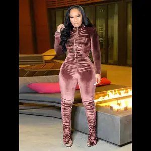 Women's Valentine's Day solid color velvet ruffled zipper jacket and pants, casual long sleeved stand up collar top and pants, women's autumn clothing, minimalist women's clothing