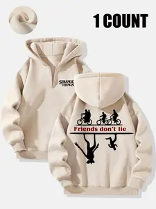 Stranger Things Retro Graphic Oversized Hoodie, All-Over Character & Upside Down Design, Premium Soft Fabric, Ideal for Sci-Fi Horror Fans, Trendy Casual Wear for Daily Leisure & Fandom Outfits