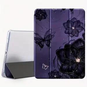 A dark purple butterfly flower tablet case with a pen slot, suitable for iPad Mini, Air, Pro 4,5,6,7 (2017, 2018, 2019, 2020, 2021, 2022, 2023, 2024, 2025 models), and Samsung S6, 7, 8, 9, 10FE + A7 LTE, SZBCPBT65