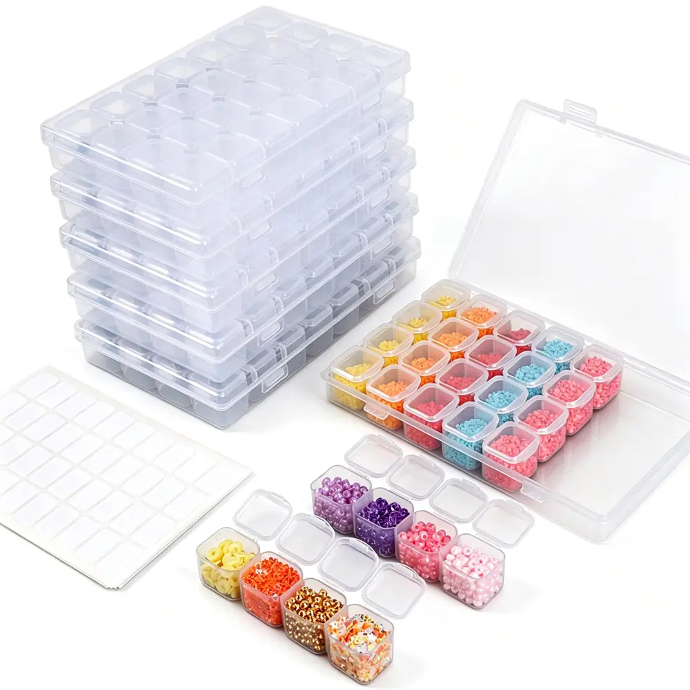 28-Grid Storage Box for Diamond Painting Cross Stitch Crafting Supplies, Jewelry Box with Blank Stickers to Mark Colors (No Diamonds, No Tool Kit Included)