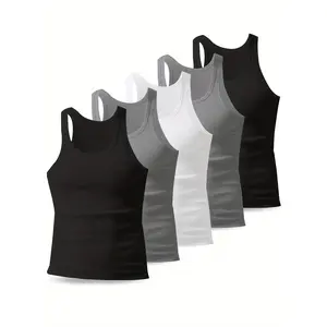 5pcs Men's Athletic Tank Tops - Stretchy Polyester & Elastane Blend, Crew Neck, Solid Color, Perfect for Gym & All Seasons