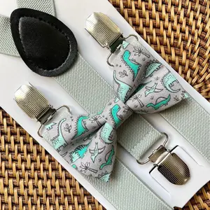 Blue & Grey Dinosaur Bow Tie & Boy’s Bowtie Sage Green Suspenders Set