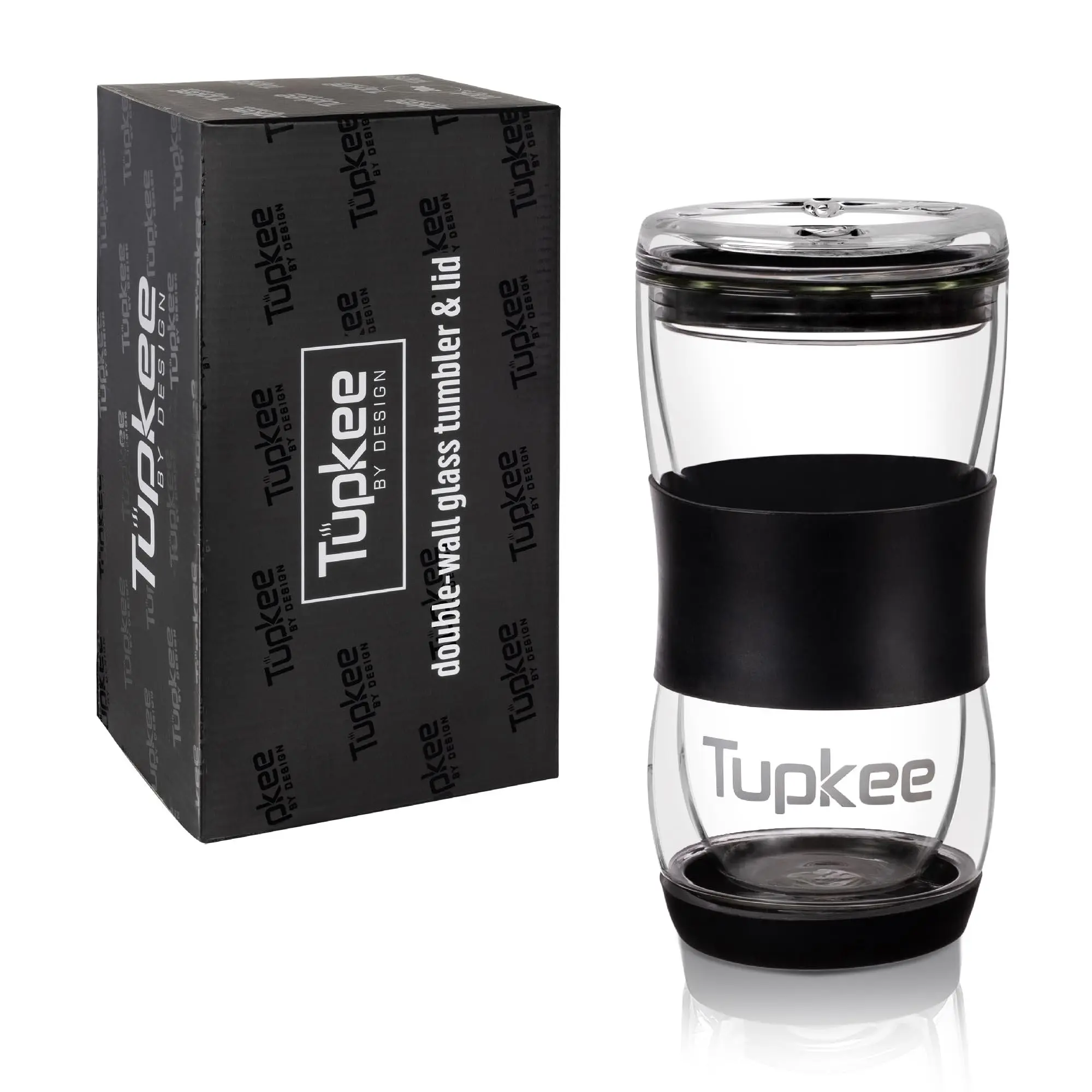 Double Wall Glass Tumbler With Lid – 20-Ounce, All Glass Hand Blown Reusable Insulated Travel Mug - For Coffee, Tea, Boba, Iced Coffee, and Smoothie Cup To Go – Black
